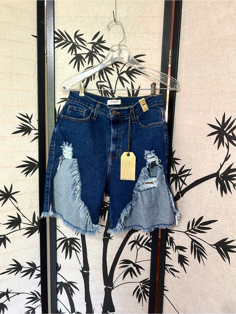 Vibrant MIU Denim Shorts Sz L Blue Distressed Raw Hem Cut Out Casual Bermuda NWT